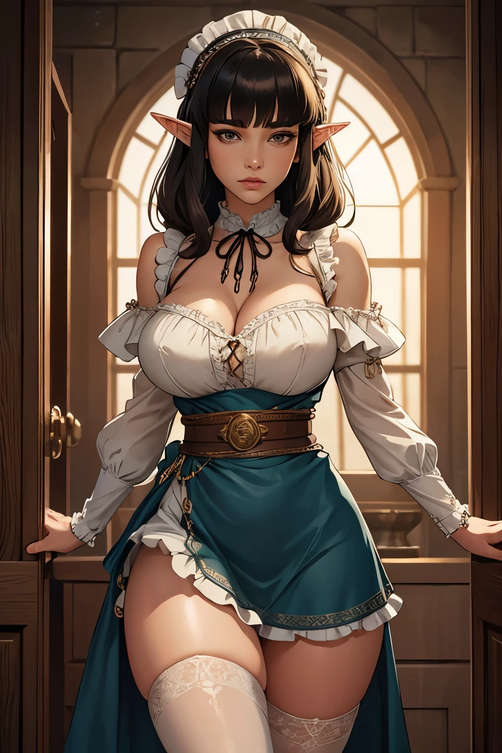 (1 female elf, masterpiece, best quality, ultra-detailed, beautiful detailed, (((extremely detailed face))), (((blunt bangs))), (((big ruffles and ribbon))), sad look, ( ((short tunic to the thighs))), shoulder-length black hair, brown eyes, thin lips, round face, large breasts with cleavage, wide waist, 1.67m and 46kg, standing chained in the dungeon ((chains on hands and neck)) dramatic scene