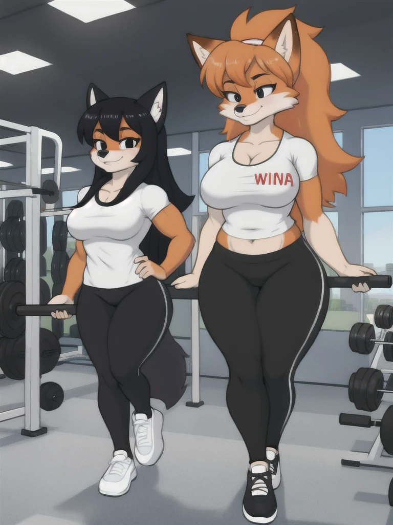 Furry, fox, female, black shirt, black leggings, shoes, gym, teen, standing, full body