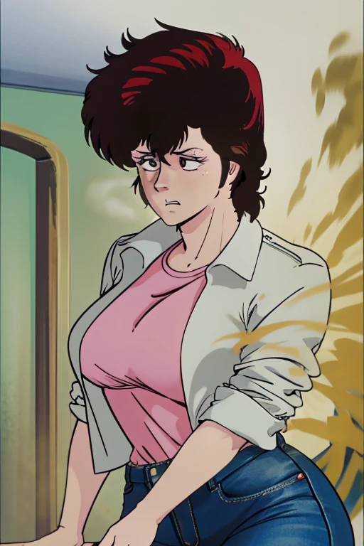 HD, high quality, high resolution, ultrahd,Kaori Makimura, 1female, wearing default outfit, light pink shirt, white coat, wearing coat over tshirt, jeans, default hair, brown hair, very tall body, thin body, massive fart, yellow smoke, wide eyes, leaning, embarrassed, clenching teeth, alone in a room