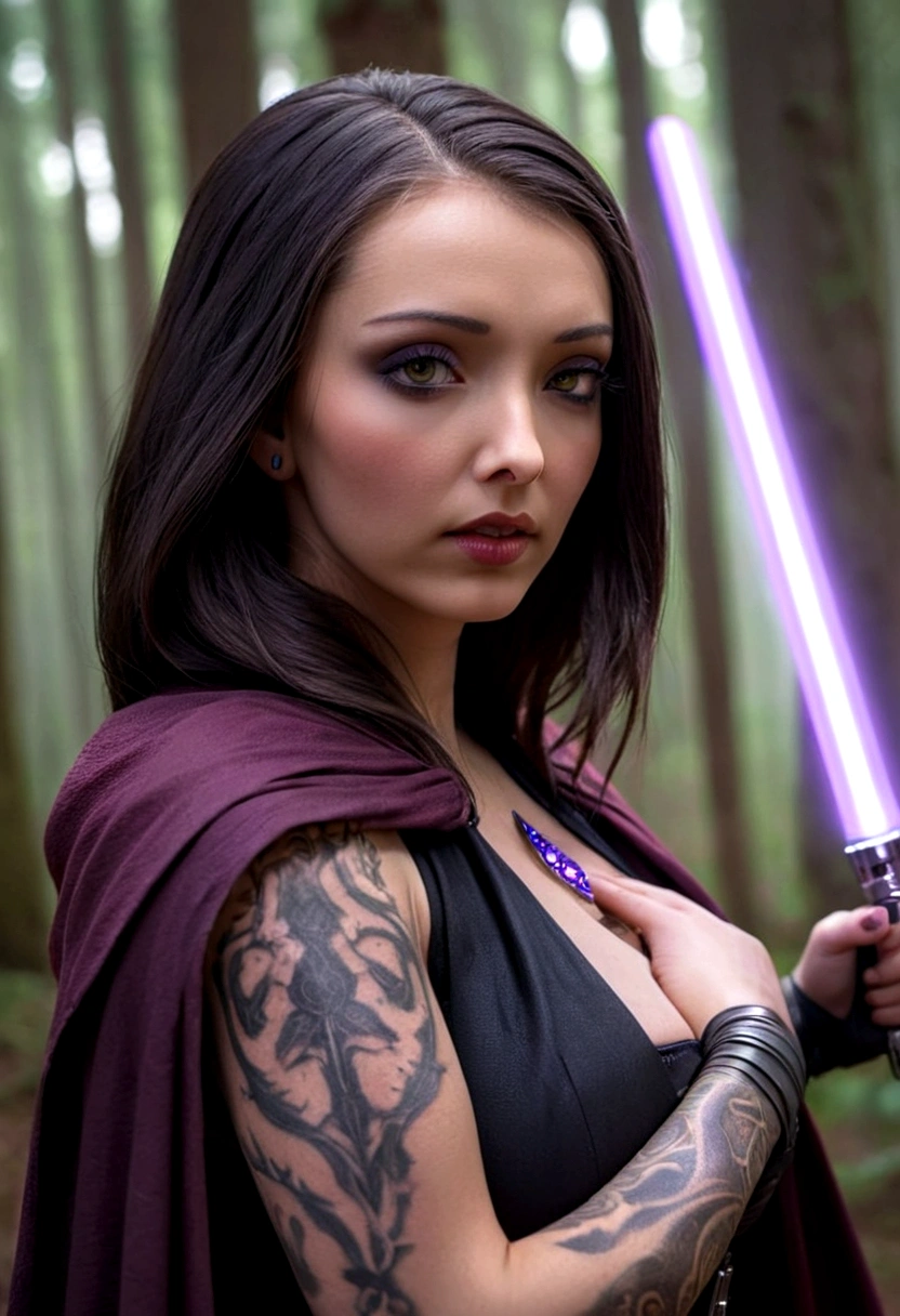 a beautiful woman in a dark sith cloak, long dark hair, detailed face with piercing eyes, beautiful detailed lips, extremely detailed eyes and face, longeyelashes, holding a glowing purple lightsaber, back facing the viewer, sith tattoos on her back, dark sith forest background on Dathomur, dramatic lighting, cinematic composition, highly detailed, 8k, photorealistic, dark fantasy, moody, dramatic