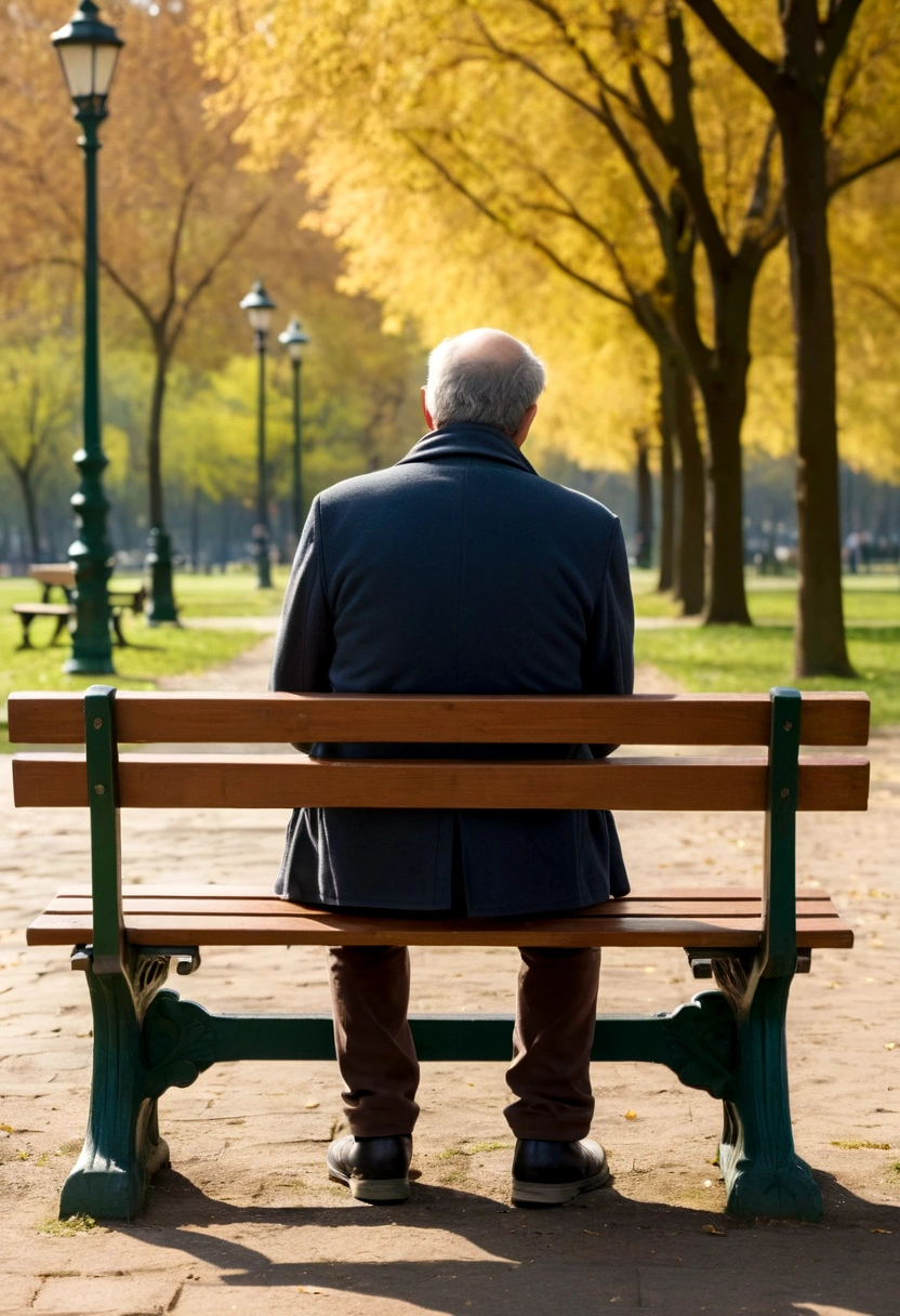 Back view of a sad middle-aged man sitting on a bench in a park during the day