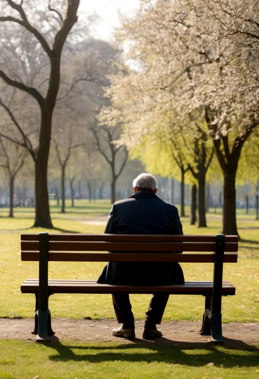 Back view of a sad middle-aged man sitting on a bench in a park during the day