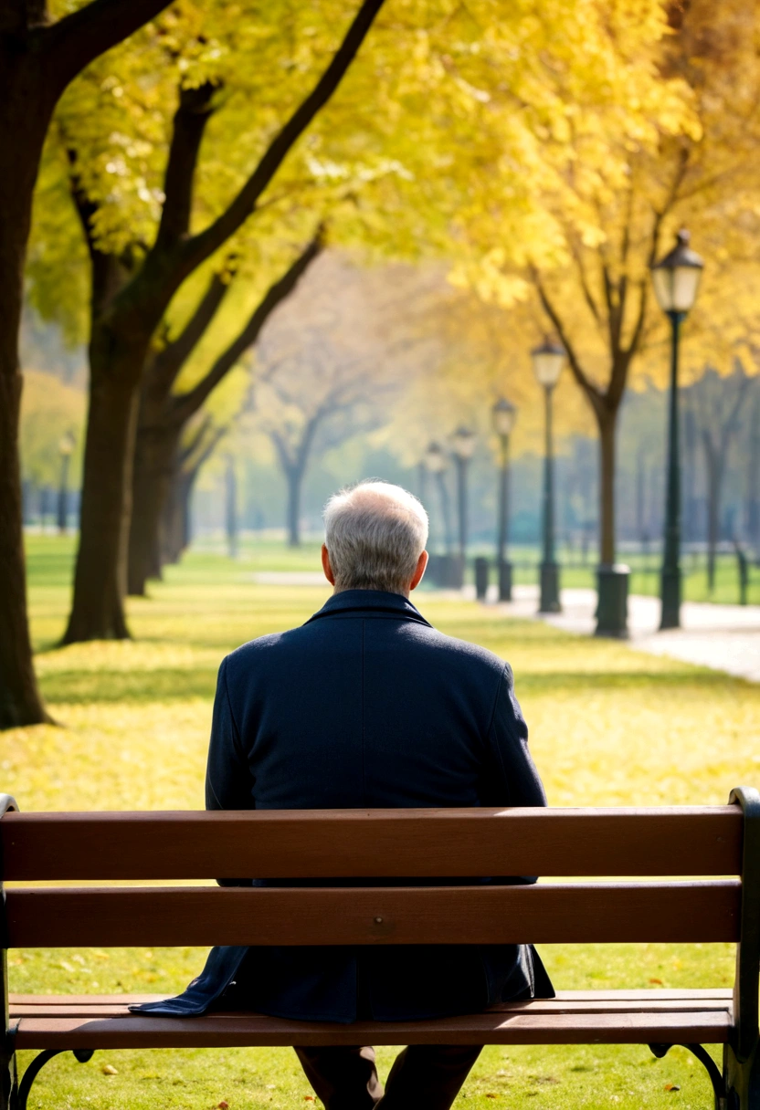 Back view of a sad middle-aged man sitting on a bench in a park during the day