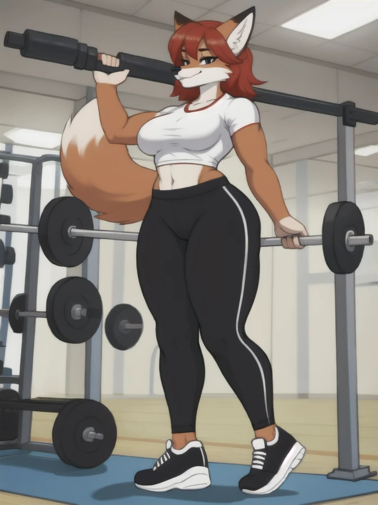 Furry, fox, female, white shirt, black leggings, shoes, gym, teen, full body