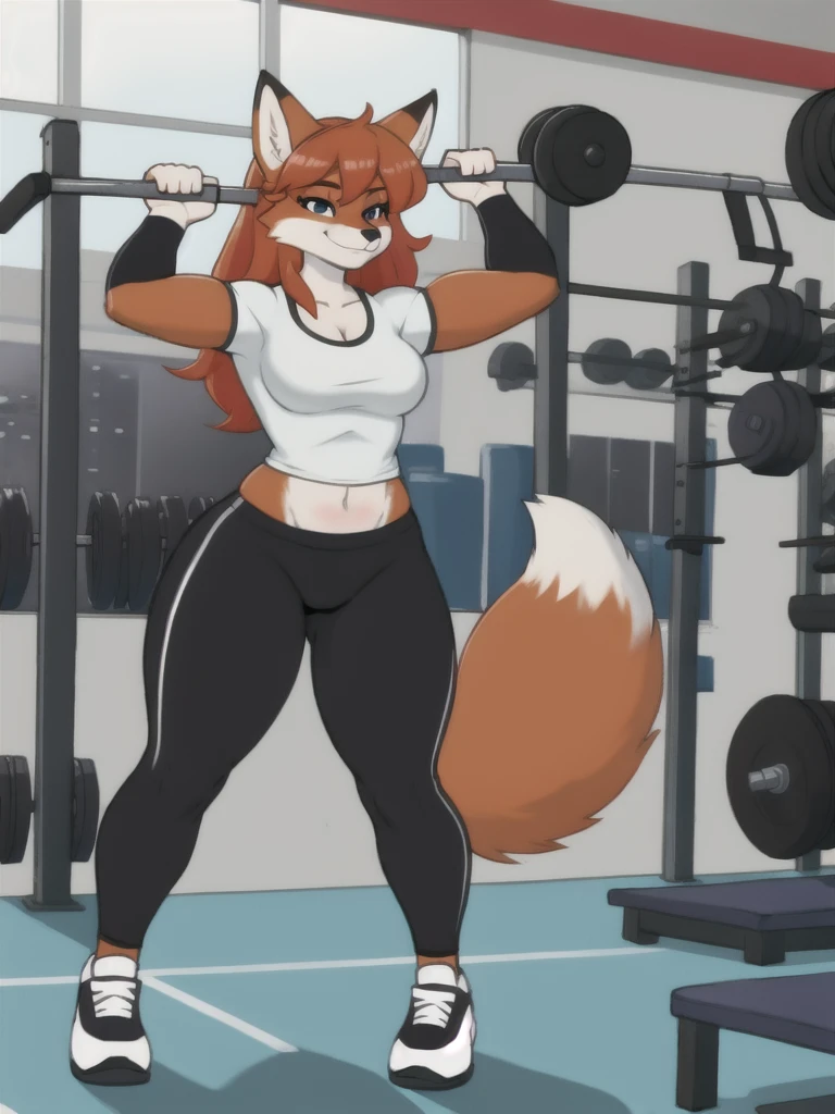 Furry, fox, female, white shirt, black leggings, shoes, gym, teen, full body