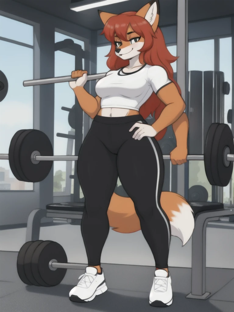 Furry, fox, female, white shirt, black leggings, shoes, gym, teen, full body