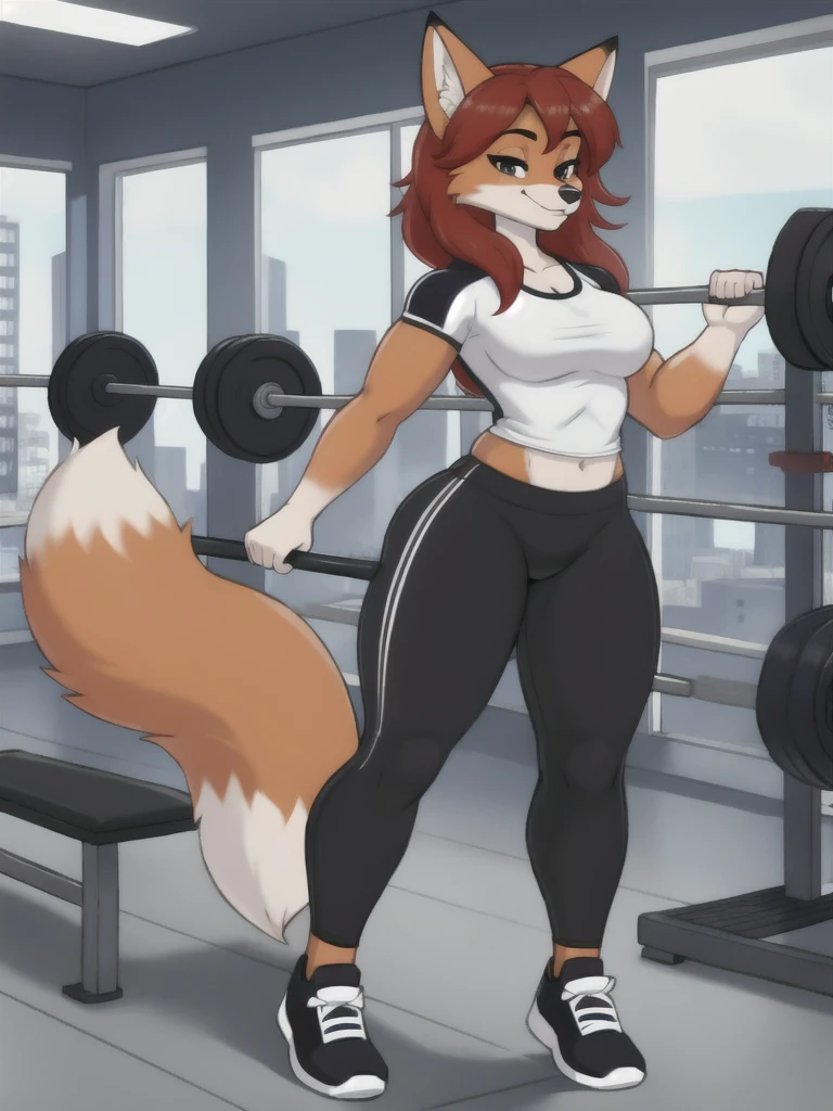 Furry, fox, female, white shirt, black leggings, shoes, gym, , full body