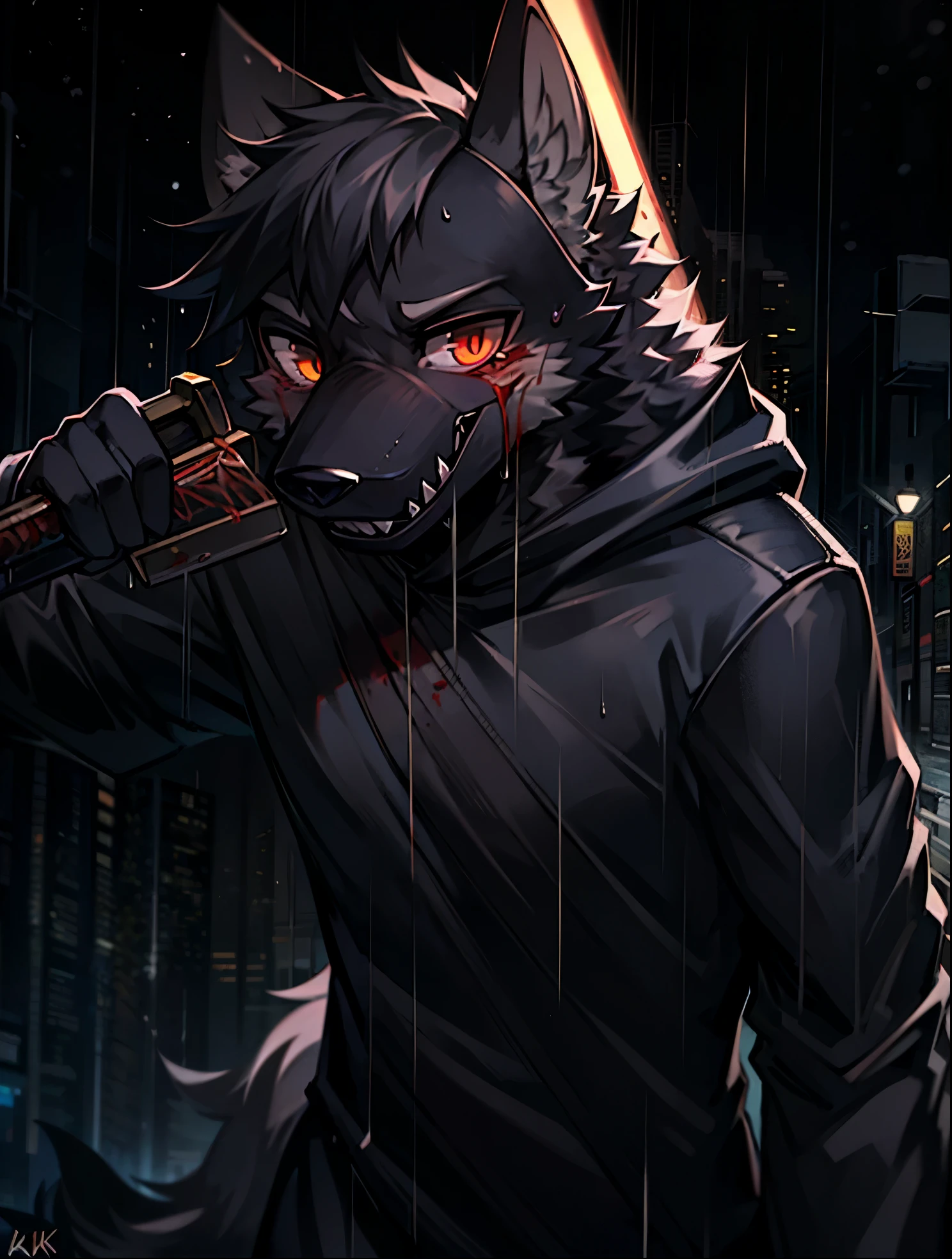 4k，excellent work，Raining background，street，Street Lights，A wolf，Wearing a black trench coat，Wearing a black mask，With a long knife，blood，Staring at the audience，horrible，Black-gray hair，With blood，Character Focus。