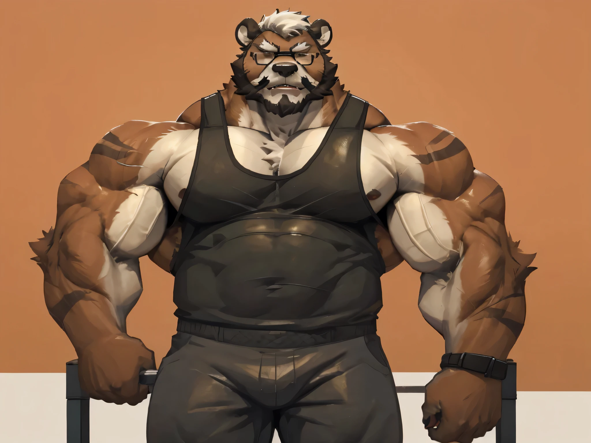 solo, 1boy, Huge Muscular Old Grizzly Bear wearing glasses , pectoral, huge pectoral, wide pectoral, short white hair, short pants and tank top , bearded, Mustache, simple background, masterpiece, high detailed, 8k, high resolution, at the gym, flexes huge muscles