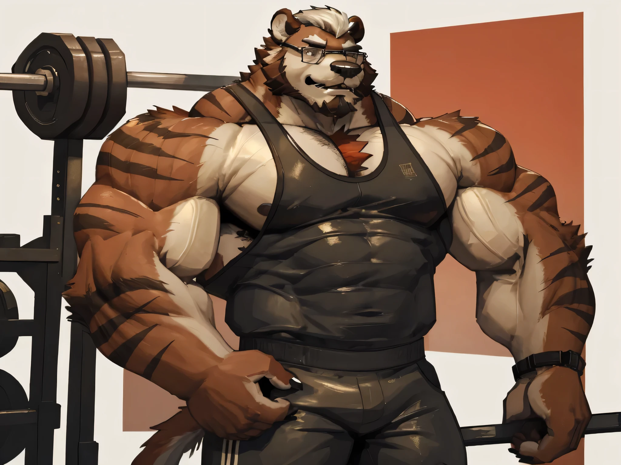 solo, 1boy, Huge Muscular Old Grizzly Bear wearing glasses , pectoral, huge pectoral, wide pectoral, short white hair, short pants and tank top , bearded, Mustache, simple background, masterpiece, high detailed, 8k, high resolution, at the gym, flexes huge muscles