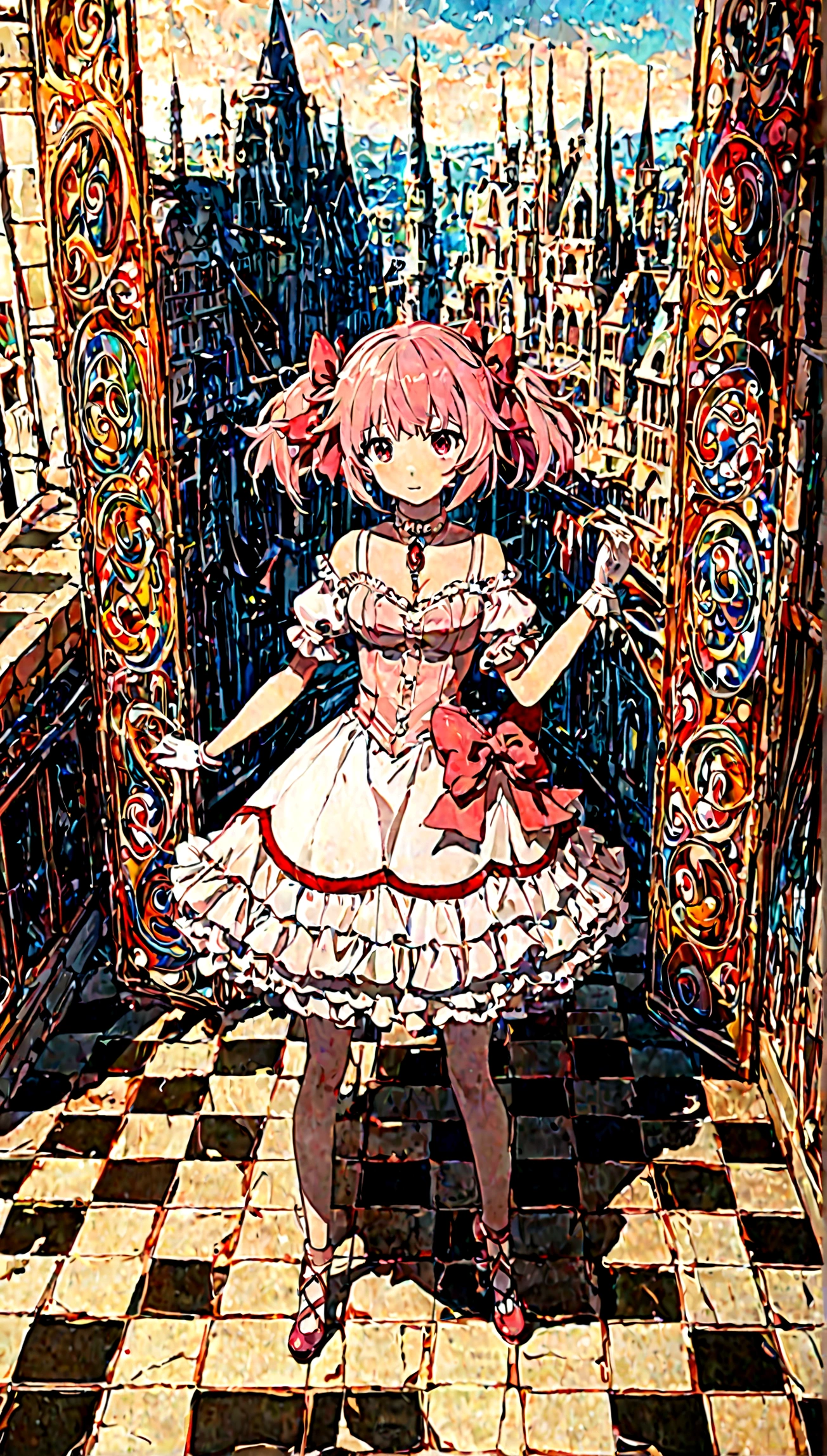 (kaname_madoka\(anime\(Puella Magi Madoka Magica\),(magical_girl:1.3) style,pink twin tails hair,pink bows,open shoulder dress with frill,bow at neck,white grove,red juwel at middle of clavicle\):1.3) is standing with confused face in the center wondering showing full body to viewer,geometric and chaotic background with a strange world where various structures are jumbled and mixed together,checkerboard floor,(in a very psychedelic nightmare), BREAK ,quality\(8k,wallpaper of extremely detailed CG unit, ​masterpiece,hight resolution,top-quality,top-quality real texture skin,hyper realisitic,increase the resolution,RAW photos,best qualtiy,highly detailed,the wallpaper,cinematic lighting,ray trace,golden ratio\),(long shot),(wide shot),landscape,blured background,(background art by Salvador Dalí),from above