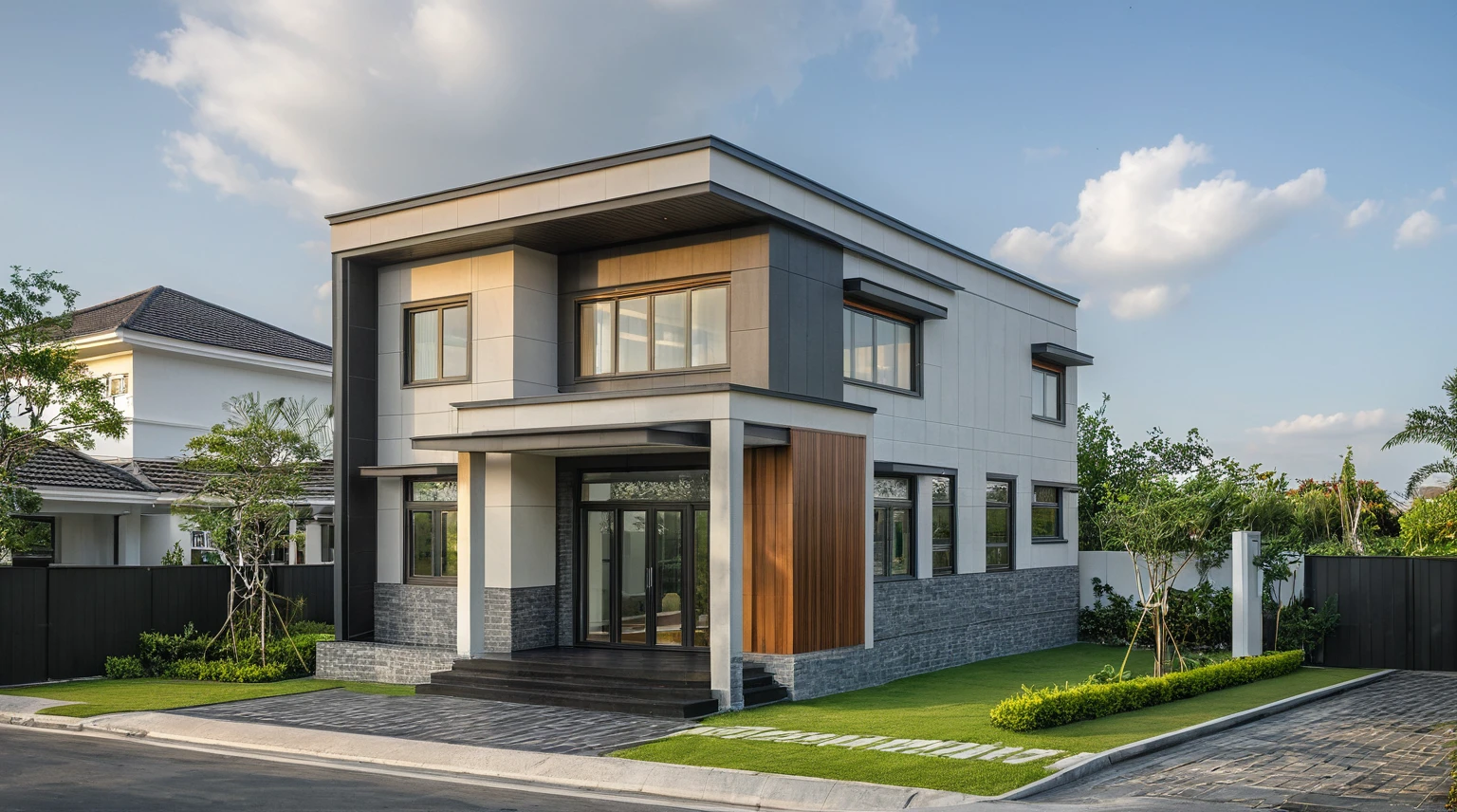 modern villa on street, (daylight), tropical tree, (slope roof, black tiled roof:1.2), vivid color, streetcapes, nice sky, grey tone, large glass door, warm interior lighting, modern material, best quality, ultra realistic, masterpiece, 17ArchiAI_XL_VL-v1