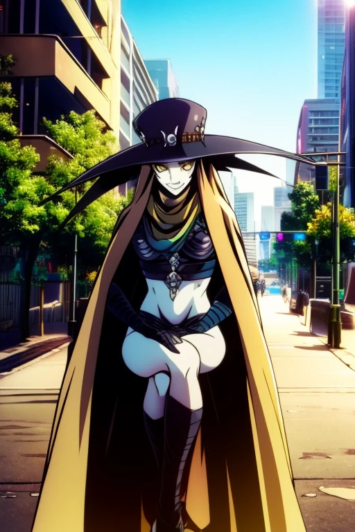 Scathach, solo, female, shin megami tensei, hat, flower tattoo, (cape 2.0) gloves, white skin, (yellow eyes 1.1), flowing, sitting, shirt, smile, sidewalk, city