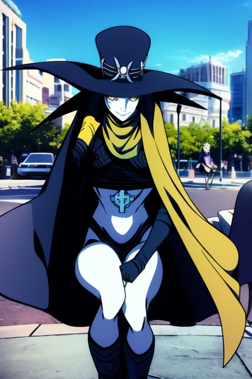 Scathach, solo, female, shin megami tensei, hat, flower tattoo, (cape 2.0) gloves, white skin, (yellow eyes 1.1), flowing, sitting, shirt, smile, sidewalk, city