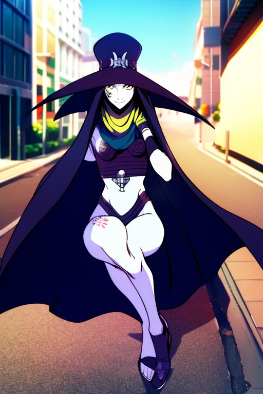 Scathach, solo, female, shin megami tensei, hat, flower tattoo, (cape 2.0) gloves, white skin, (yellow eyes 1.1), flowing, sitting, shirt, smile, sidewalk, city