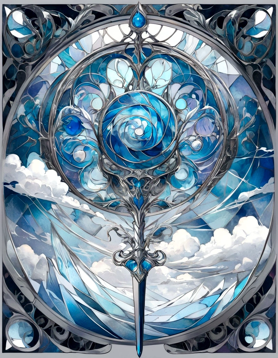 Create a series of images for the element air inspired by the aesthetics of a detailed stained glass window with defined lines and vivid colors as fantasy. Each image should reflect the characteristics of the corresponding element, using an appropriate color palette. The element of air inspired by winds and clouds with white, gray, light blue and silver tones Incorporate elements of air and wind, with light leaves and details in the form of spirals. Symbols or objects such as a spear or scepter with an air motif.