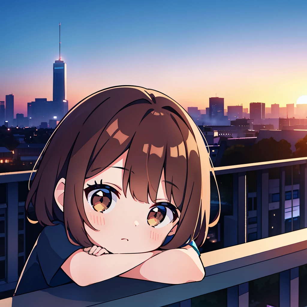 One Girl, Brown Hair, Medium Hair, dusk, Dear Kurt, 8K resolution, 8K quality, Blue background, Brown eyes, Spaced out,On top of a building,He is resting his chin on the railing,sunset