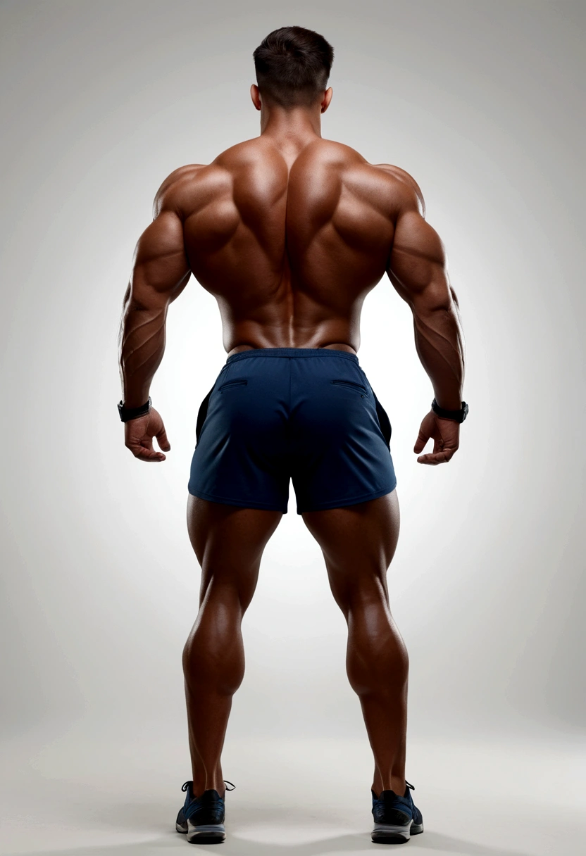 Back view of a bodybuilder wearing shorts