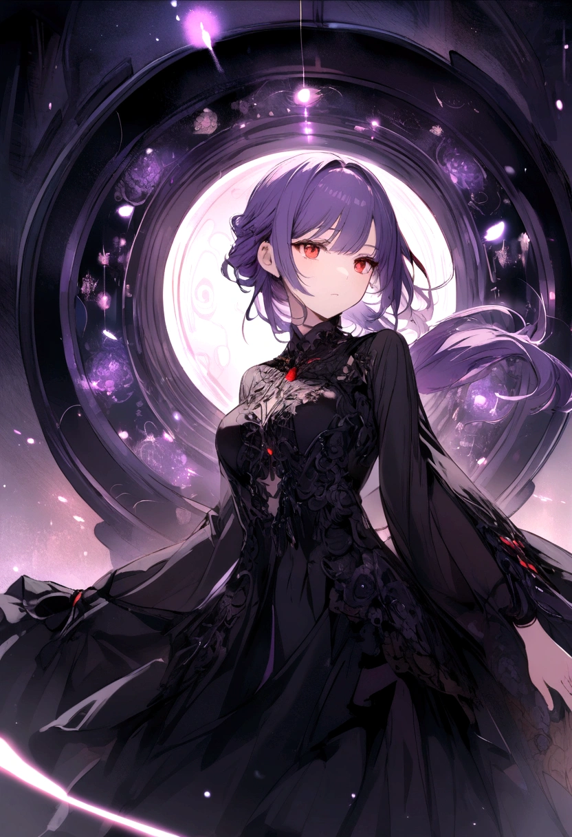 purple haired girl, waist length ponytail, red eyes, wearing black dress like model,
