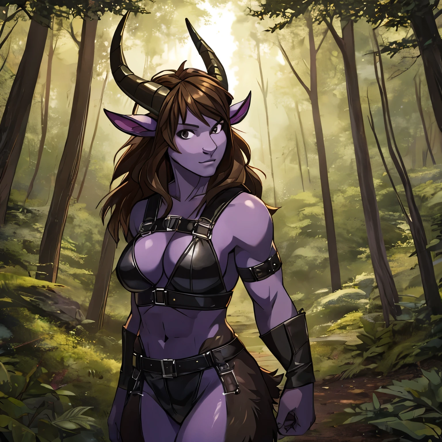 Satyr, female, purple skin, black fur, brown hair, black eyes, two horns, straight horns, furry face, leather harness, forest, furry thighs,