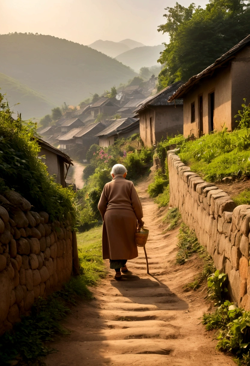 The back view of a bent-over old woman walking up a hill in a village