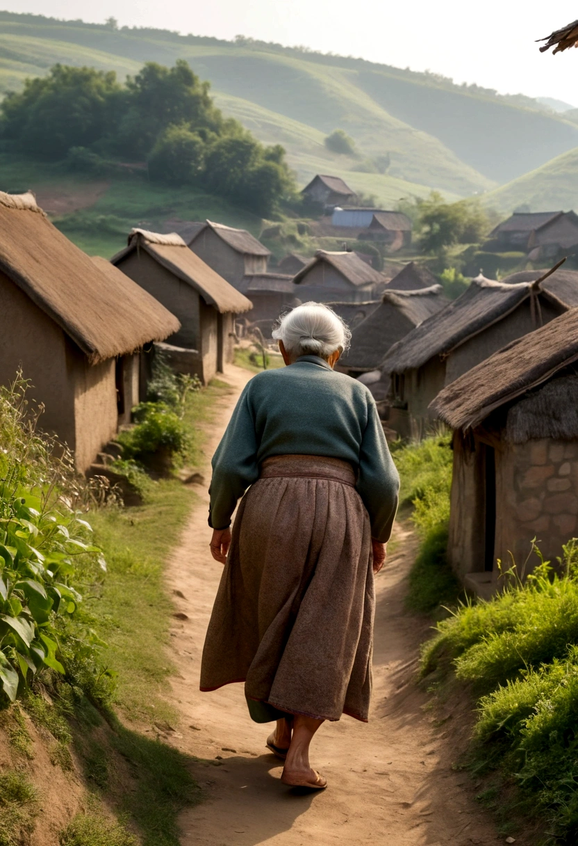 The back view of a bent-over old woman walking up a hill in a village