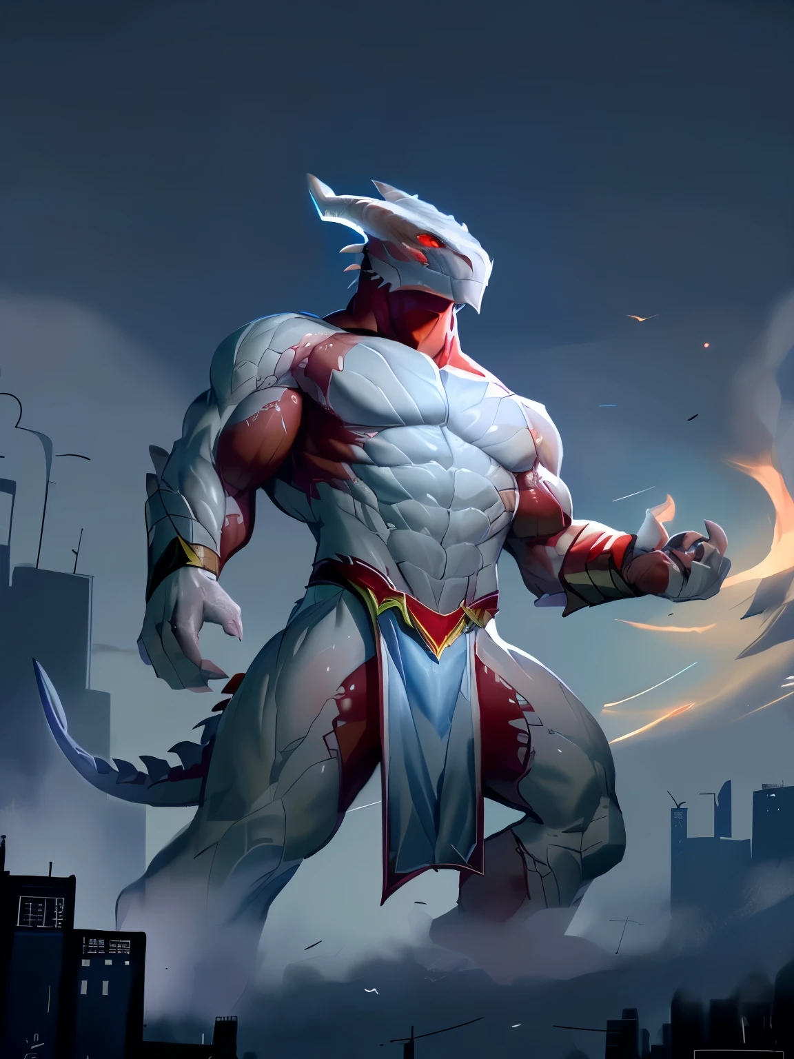 (full body), thedarkurge, dragonborn \(dnd\), white body, red eyes, male, muscular, loincloth, dark, tail, by lindong, by null-ghost, macro in city, destroying a modern city