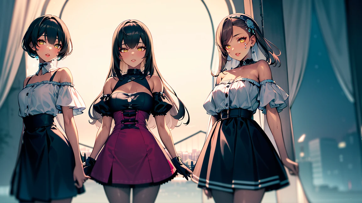 (Three Girls),(Taiman's style:1.0),Female ninjas standing side by side,Wearing a brightly colored bodysuit,(front:1.2),(whole body:1.5),(Big eyes),(Beautiful Eyes),(Beautiful Face),(Detailed face),(smile),(Muscular:1.0),(Sensual:1.0),(Thick thighs:1.0),(Sweaty body:1.2),(The background is a night city:1.5),(Blur the background:1.2),(masterpiece,highest quality,Ultra-high resolution,Very detailed,8k),wallpaper