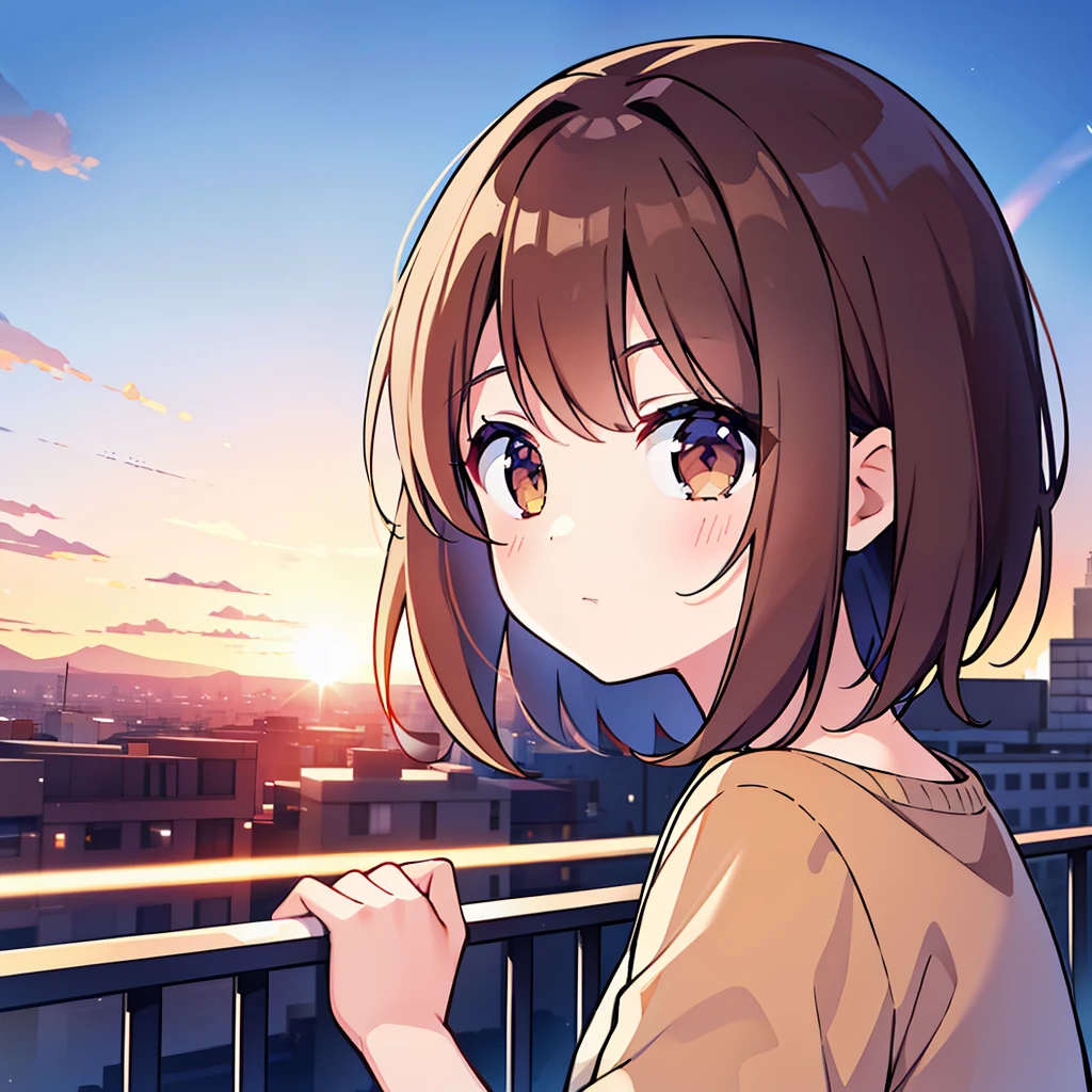 One Girl, Brown Hair, Medium Hair, dusk, Dear Kurt, 8K resolution, 8K quality, Blue background, Brown eyes, Spaced out,On top of a building,He is resting his chin on the railing,sunset