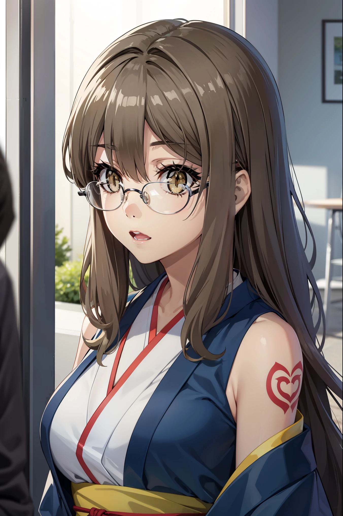 riofutaba, rio futaba, black-framed eyewear, (brown eyes:1.7), glasses, (grey hair:1.2), hair between eyes, over-rim eyewear, semi-rimless eyewear, long hair, sidelocks, Blue kimono, tattoo, Sleeveless, Deep neckline on the chest, open breasts, open shoulders, Masterpiece, hiquality, high detail, HD, 4k,
