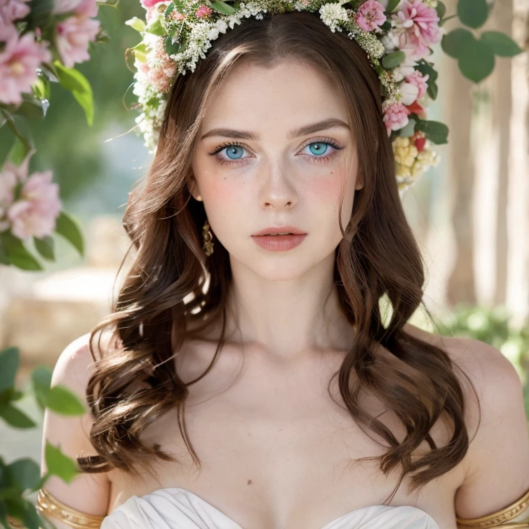 Beautiful girl, blue eyes, long curly white hair, detailed facial traits, white ancient female greek dress, ancient greek constructions behind, naked breasts, flower wreath