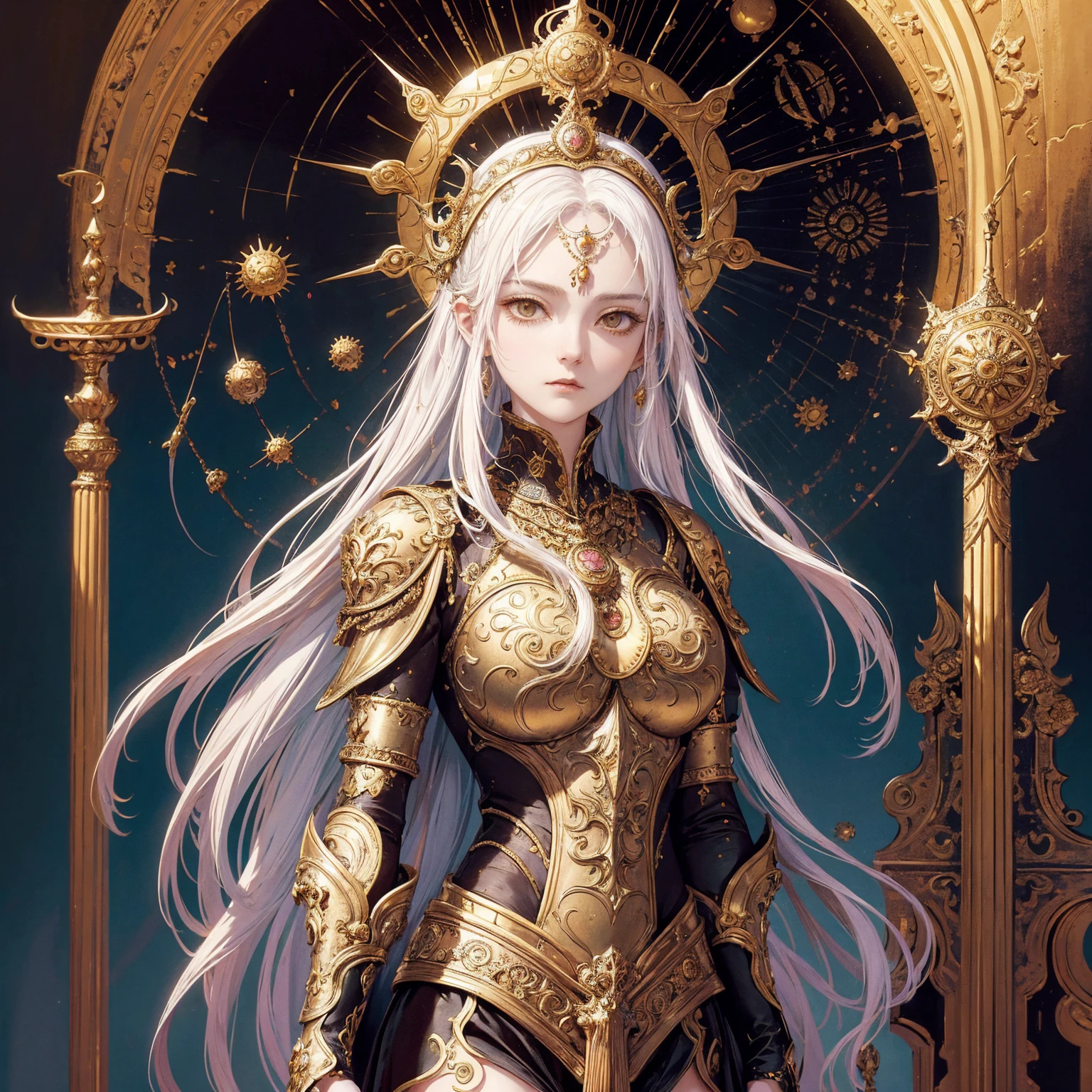 Art of woman wearing sun crown and ornate breastplate, ancient goddess art, Sacredness. Very detailed, Mysterious inspiration, Inspiration from the Sun God, Religious inspiration, Cold and snobbish face, White hair, Standing, Full body portrait, Gothic art style, Weird art style, Occult art