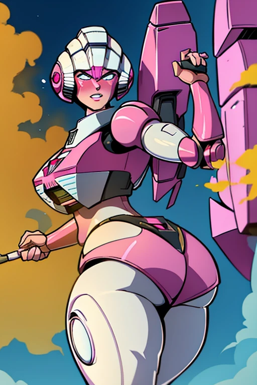 HD, high quality, high resolution, ultrahd, pink ranger, arcee, robot, mecha, 1female, blushed face, huge body, massive fart, yellow smoke, leaning, embarrassed, posing, clenching teeth