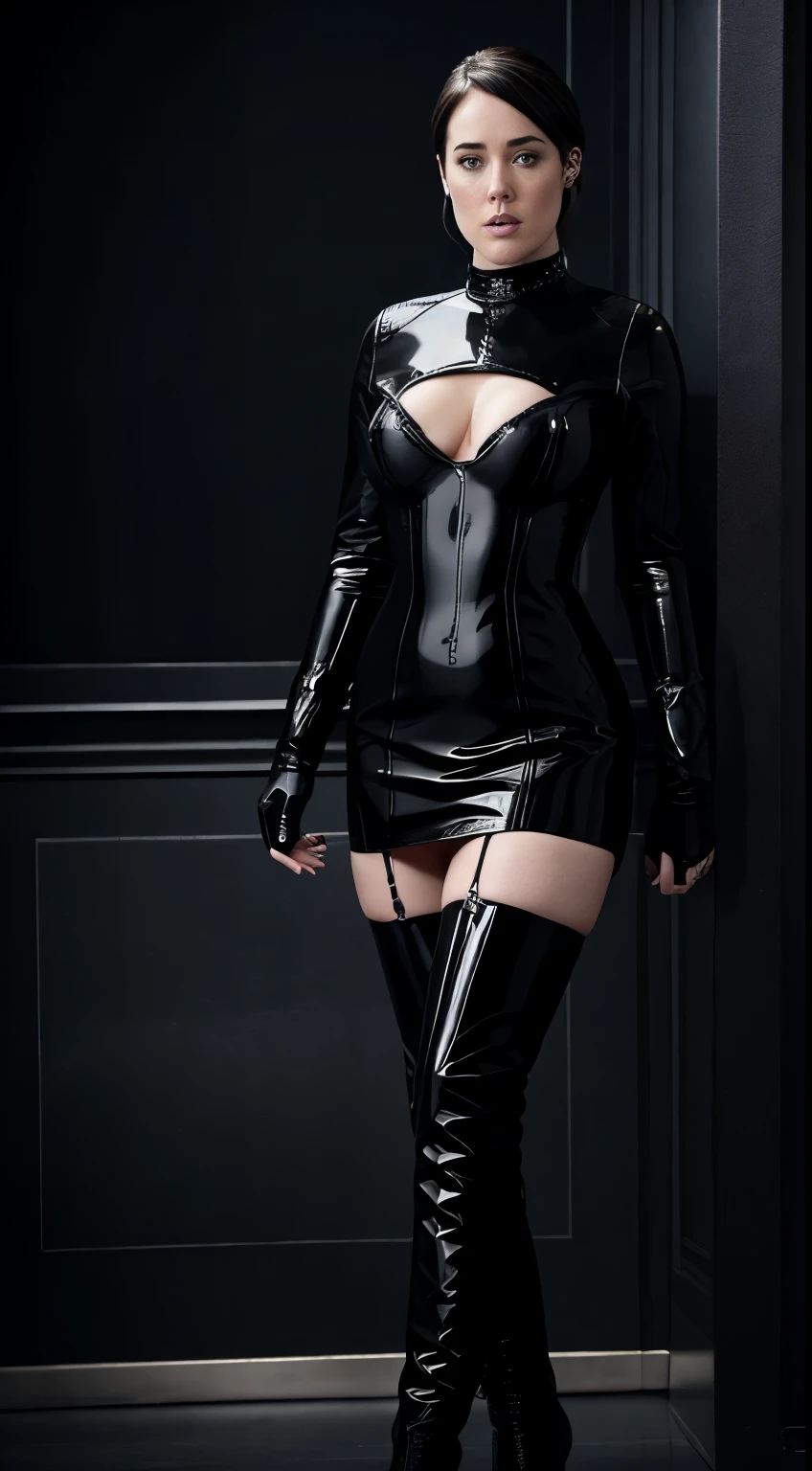 Megan Boone in a dominatrix outfit with a patent leather body and laced over-the-knee boots, die bis zum Schritt reichen, sie sieht wie eine Domina aus, The body is visible, she looks angrily into the camera