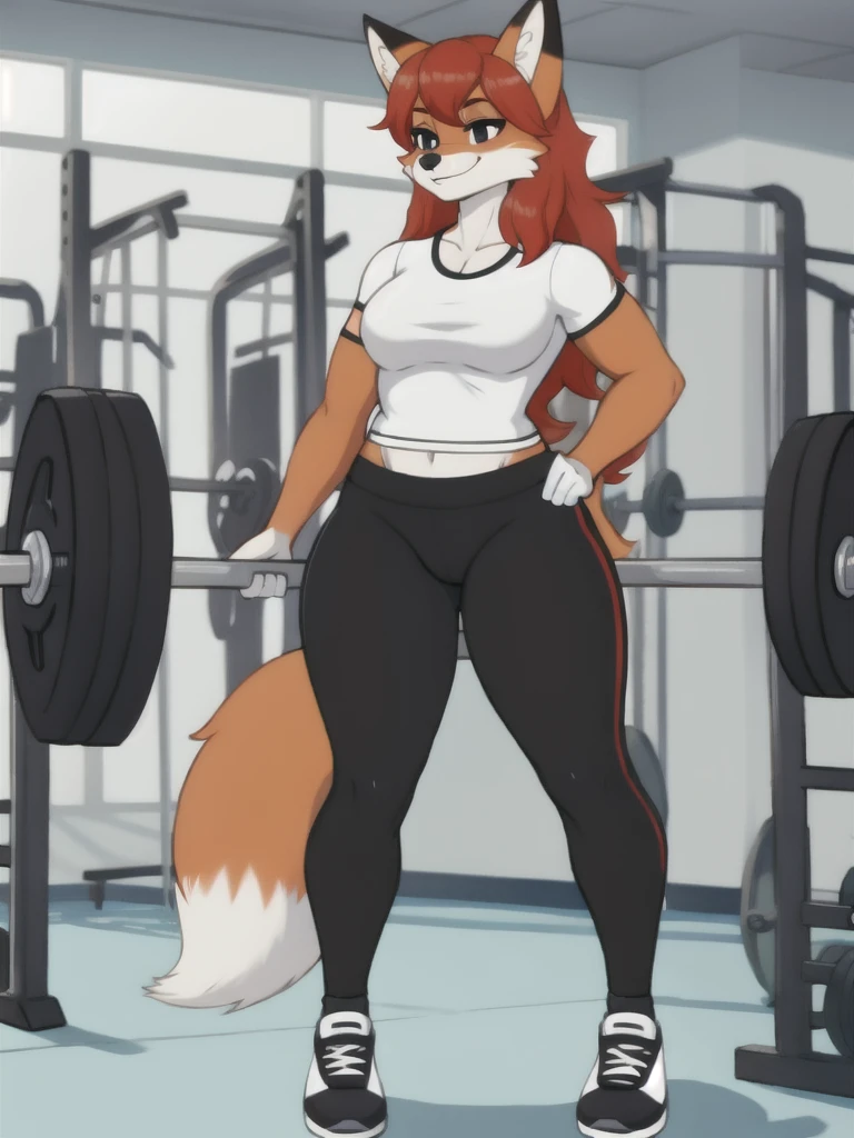 Furry, fox, female, white shirt, black leggings, shoes, gym, teen, full body