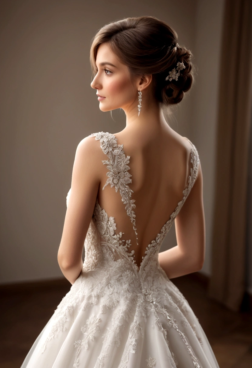 Back view of a beautiful woman wearing a wedding dress with her back visible