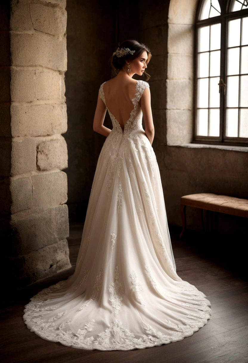 Back view of a beautiful woman wearing a wedding dress with her back visible