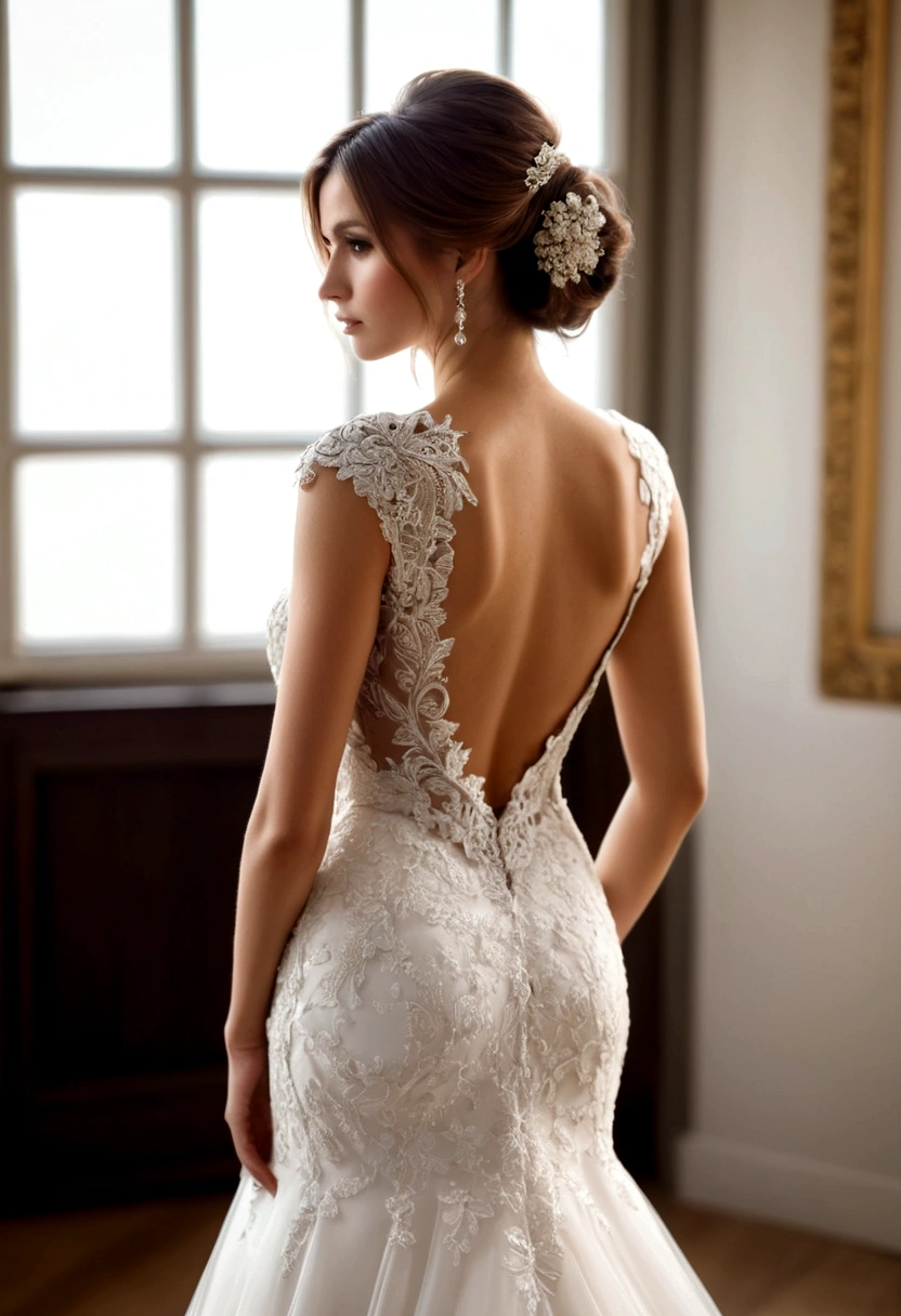 Back view of a beautiful woman wearing a wedding dress with her back visible