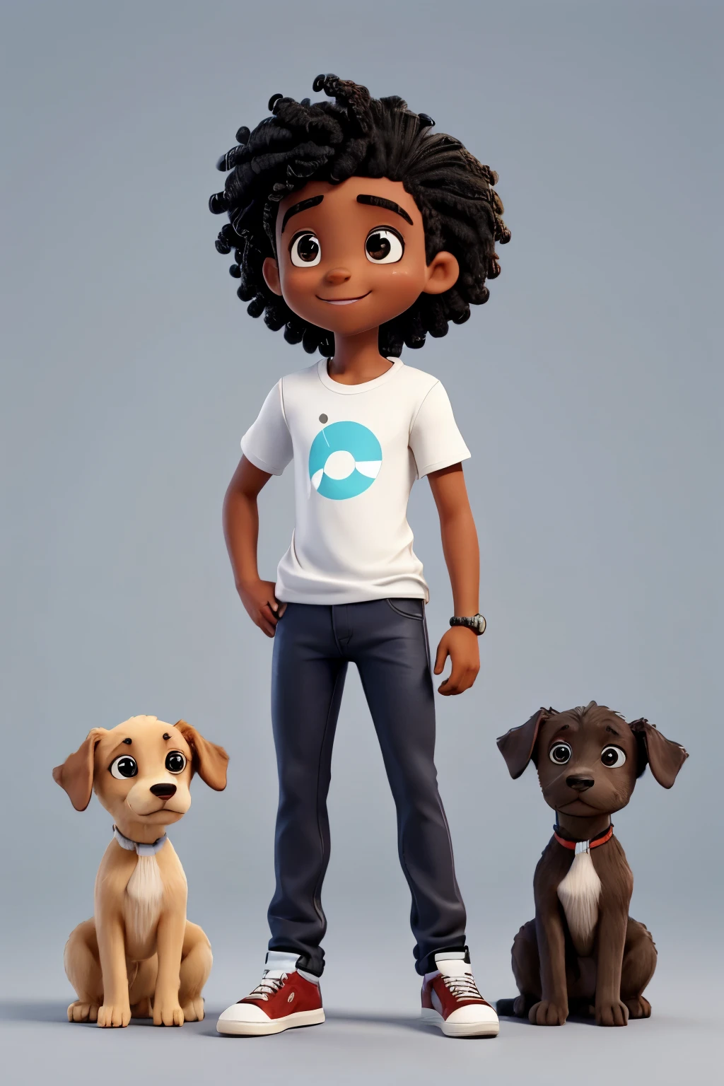 Light-skinned black , cabelo castanho escuro, olhos escuros, sorriso meigo, Wearing jeans and a white t-shirt, com um pequeno cachorro branco ao lado