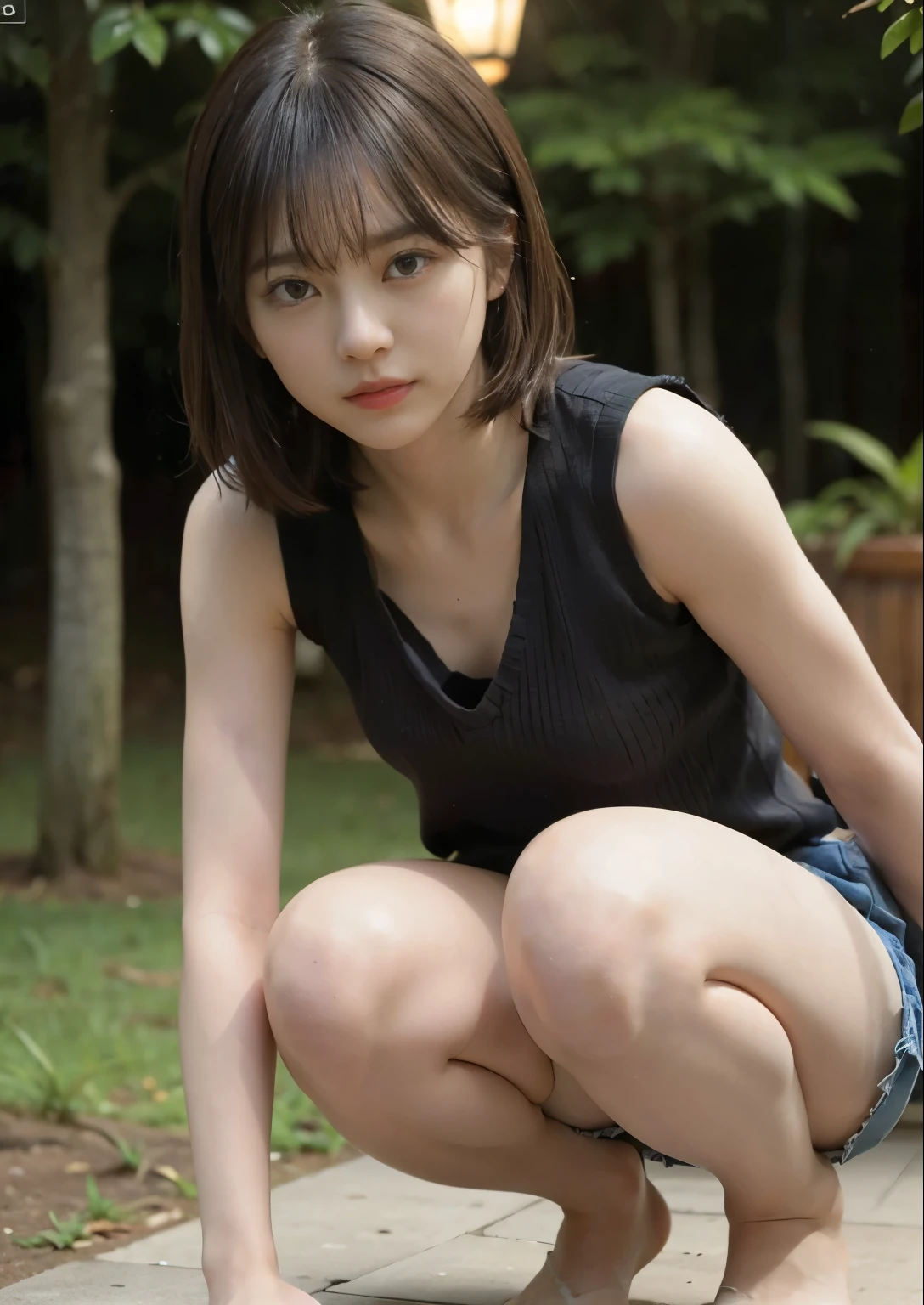 Squatting,Delicate Legs, (Little Girl), (Masterpiece: 1.3), (8k, Photorealistic, RAW Photography, Best Quality: 1.4), (1 Girl), Beautiful Face, (Realistic Face), (Black Hair, Short Hair: 1.3), Beautiful Hairstyle, Realistic Eyes, Beautiful Detail Eyes, (Realistic Skin), Beautiful Skin, (NSFW), Absurd, Attractive, Ultra High Definition, Ultra Realistic, High Definition, Golden Ratio
