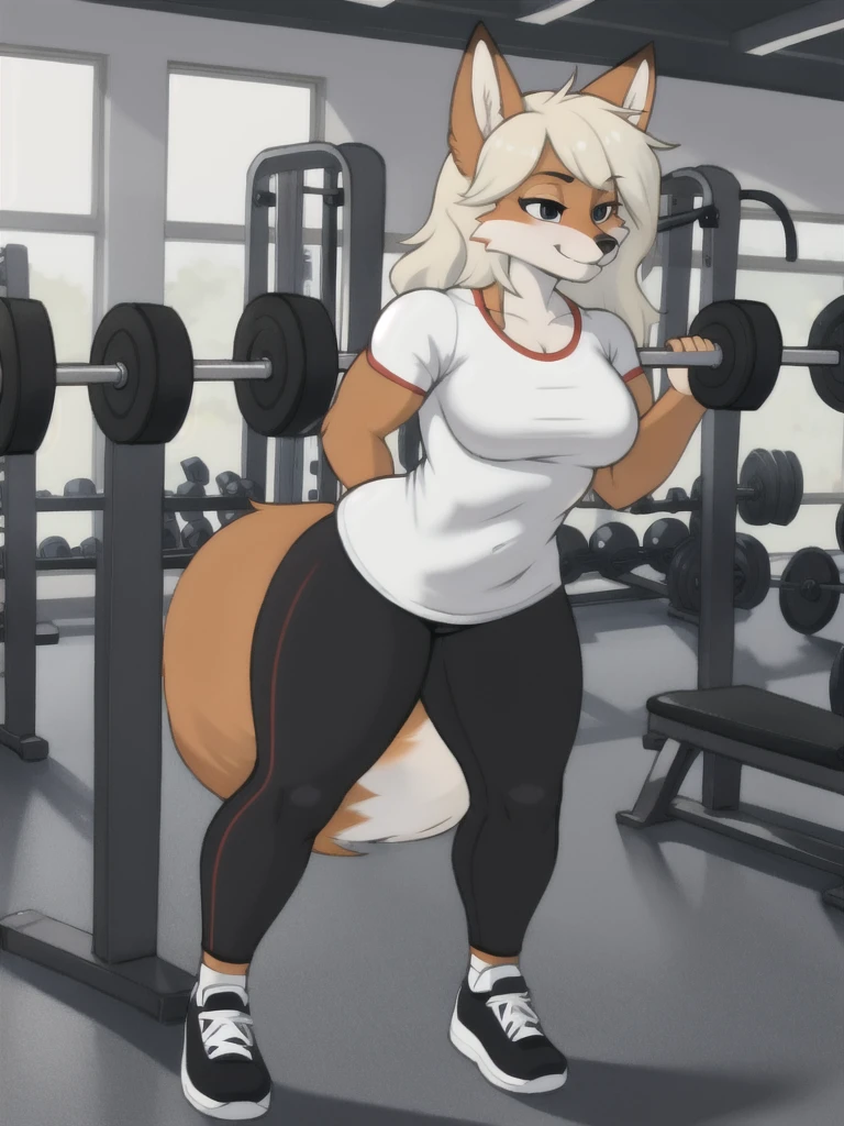 Furry, fox, female, white shirt, black leggings, shoes, gym, teen, full body