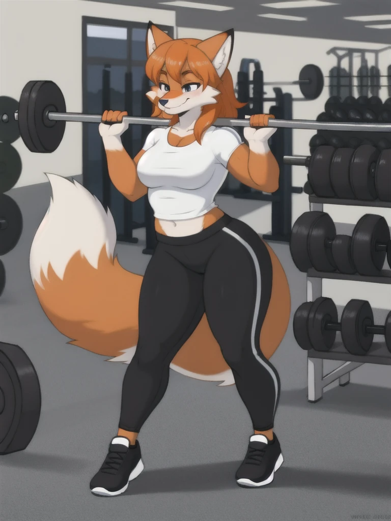 Furry, fox, female, white shirt, black leggings, shoes, gym, teen, full body