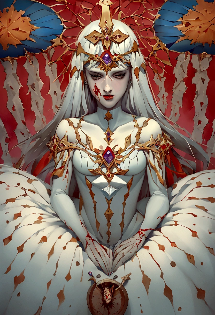 puedes crear una chica kitsune de cabello blanco y piel blanca en el suelo con algunas manchas de sangre, al rededor de un bosque y suelo nevado. (no muy detallado, si puedes con el estilo de evangelion)