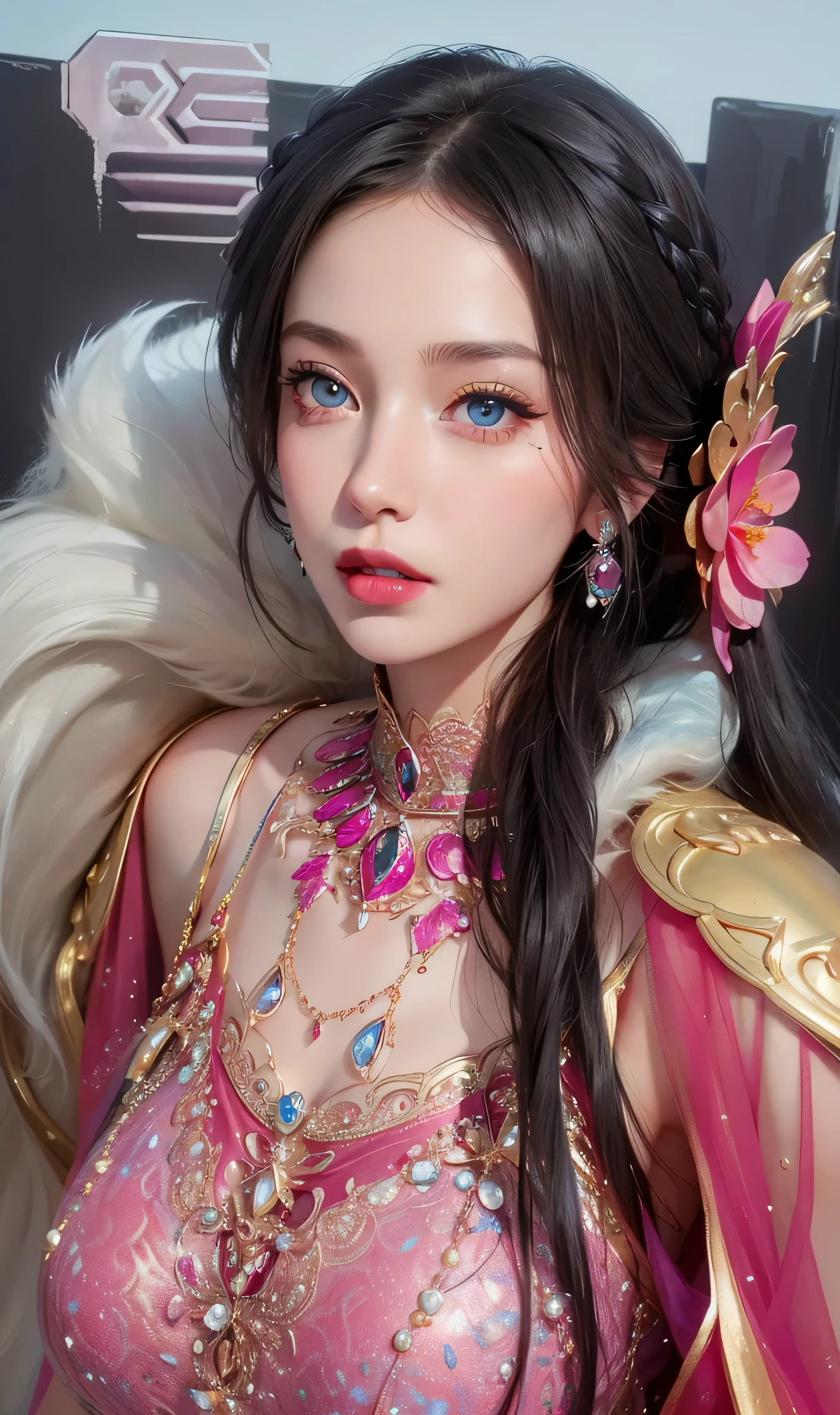 Super detailed, Delicate face, Realistic style, Stock Photography ,  rich and colorful, Surrealism, Realistic textures, Dramatic Lighting, Thin Film Distiller 800 (8K, original photo, Better quality, masterpiece: 1.2), Super detailed, (Extremely delicate skin: 1.2), 8K Ultra HD, SLR camera, Soft Light, high quality，Snow Queen,ice castle，Blue pupils，Apply red lipstick，Tattoo goddess，With tattoo pattern，Ultra-clear portrait，Wearing necklace jewelry，apply lipstick，Wear heavy makeup，The facial texture is very clear，Beautiful tattoos on the body，Deep blue eyes(Sapphire-like pupils)，A crown of luxury，Diamond necklace，Lace Print，Beautiful goddess，Gorgeous and exquisite jewelry，Yan Lingji，breasts   symmetrical