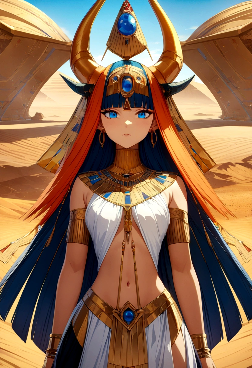 (((Hathor))) best quality, ultra-high resolution, 4K detailed CG, master piece, Hathor, woman, horns, Sky Goddess, Egyptian clothing, EGYPTIAN mythology, desert, aesthetics, ((Horned adornment)), Beautiful image, centered on the screen