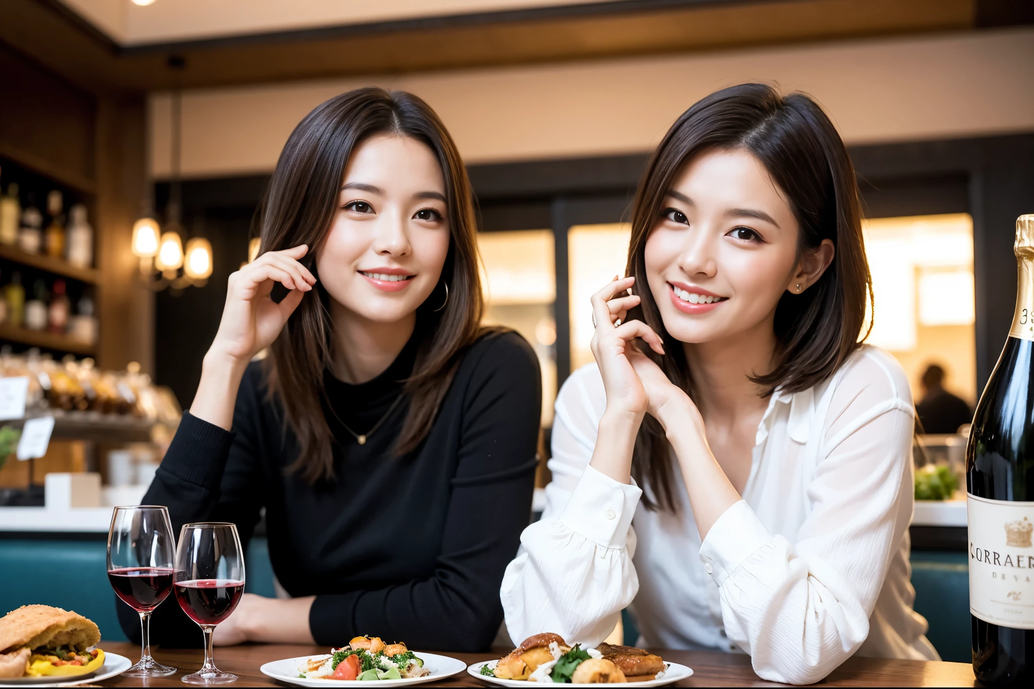 ((highest quality、8k、masterpiece:1.3))、1 male、1 female、spouse、I really like it、Beautiful couple、The body is slim、テーブルの上のwine glass、Facial Lighting、full-course dinner、 Amazing view of the sunset sky and clouds、A bright smile、The wonderfulness of smile、Bright image、Beautiful Face, short hair,Bright Face、 (43 years old), 39 years old, red wine 、Appetizers、Italian food、Wine bottle、Champagne、sparkling wine、Two beauties、Brown Hair、Shortcuts、Long sleeve shirt、dress、Pretty Woman 1, (slimな顔), (The body is slim), (Brown Hair), (Shortcuts), cheeks turn a little red,Attractive beauty、restaurant, In a prominent place (From the waist up) Nova Frog Style, actress, model, Upper Body, White wine, slim, wine glass, 中央に置かれたwine glass, smile, (smile: 1.15), Beautiful fine grain, Depth f/2,saturation, High Contrast, Strong light and shadow,Moist Body:1.5、3D texture、Delicate eyes、Brown Hair、The hair is very shiny、