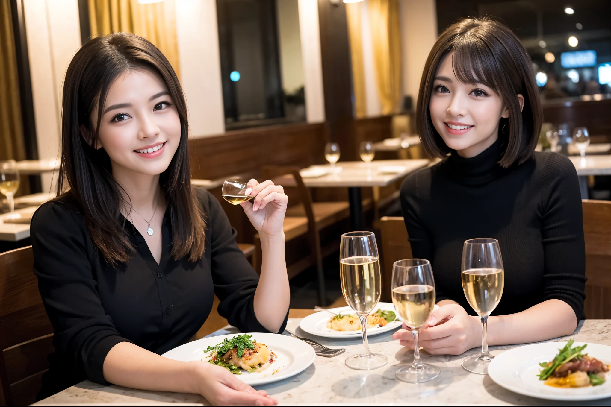 ((highest quality、8k、masterpiece:1.3))、1 male、1 female、spouse、I really like it、Beautiful couple、The body is slim、テーブルの上のwine glass、Facial Lighting、full-course dinner、 Amazing view of the sunset sky and clouds、A bright smile、The wonderfulness of smile、Bright image、Beautiful Face, short hair,Bright Face、 (43 years old), 39 years old, red wine 、Appetizers、Italian food、Wine bottle、Champagne、sparkling wine、Two beauties、Brown Hair、Shortcuts、Long sleeve shirt、dress、Pretty Woman 1, (slimな顔), (The body is slim), (Brown Hair), (Shortcuts), cheeks turn a little red,Attractive beauty、restaurant, In a prominent place (From the waist up) Nova Frog Style, actress, model, Upper Body, White wine, slim, wine glass, 中央に置かれたwine glass, smile, (smile: 1.15), Beautiful fine grain, Depth f/2,saturation, High Contrast, Strong light and shadow,Moist Body:1.5、3D texture、Delicate eyes、Brown Hair、The hair is very shiny、