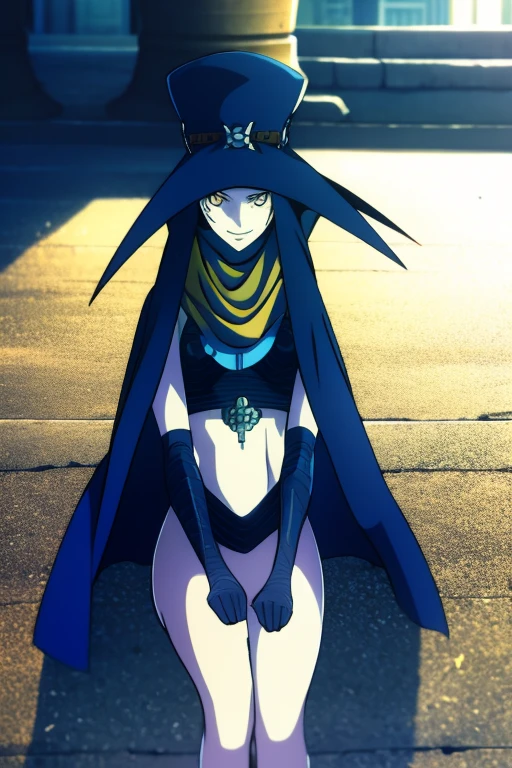 Scathach, solo, female, shin megami tensei, blue hat, flower tattoo, (blue cape 2.0) blue gloves, white skin, (yellow eyes 1.1), flowing, sitting, shirt, smile, sidewalk, city