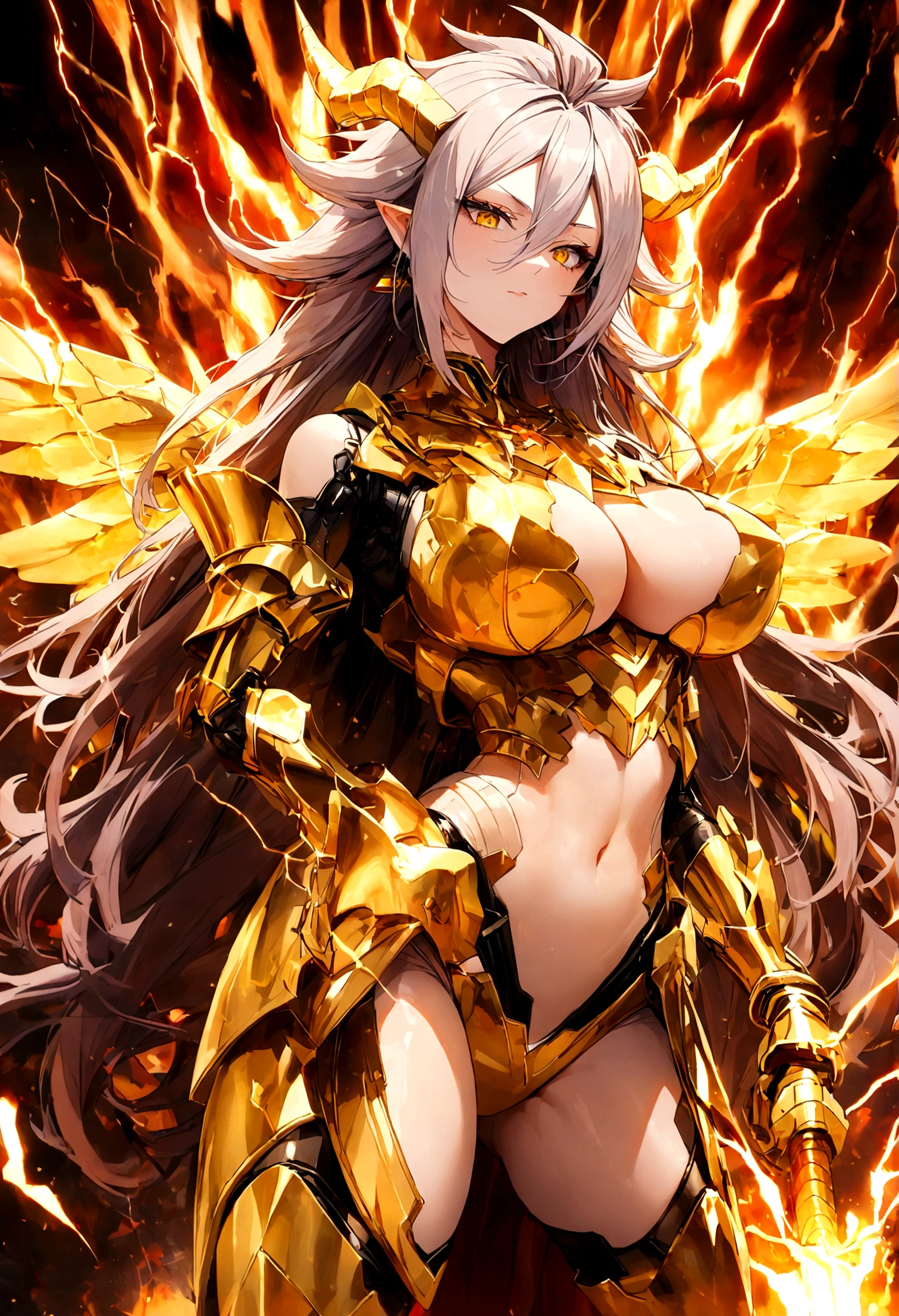 ((Lightning Power)), ((Electricity)), ((Fire Background)), ((Lightning Storm)), ((Power Erupting)),((((android 21 Evil)))), (((white Coat))), (((Busty))), (((((Big breast:1,3)))), luxury bustier corset, (((silver hair))), (((Very slim waist))), propotional body, ((Gorgeous)), (((gold wings))), masterpiece, hyperdetail, ambient effect, digital effect, (((FIRE SWORD)), (((Lightning Sword))), (((Fire Gold Armor))), (((Lightning Gold Wings))), (((Fire Blazing Horns)))