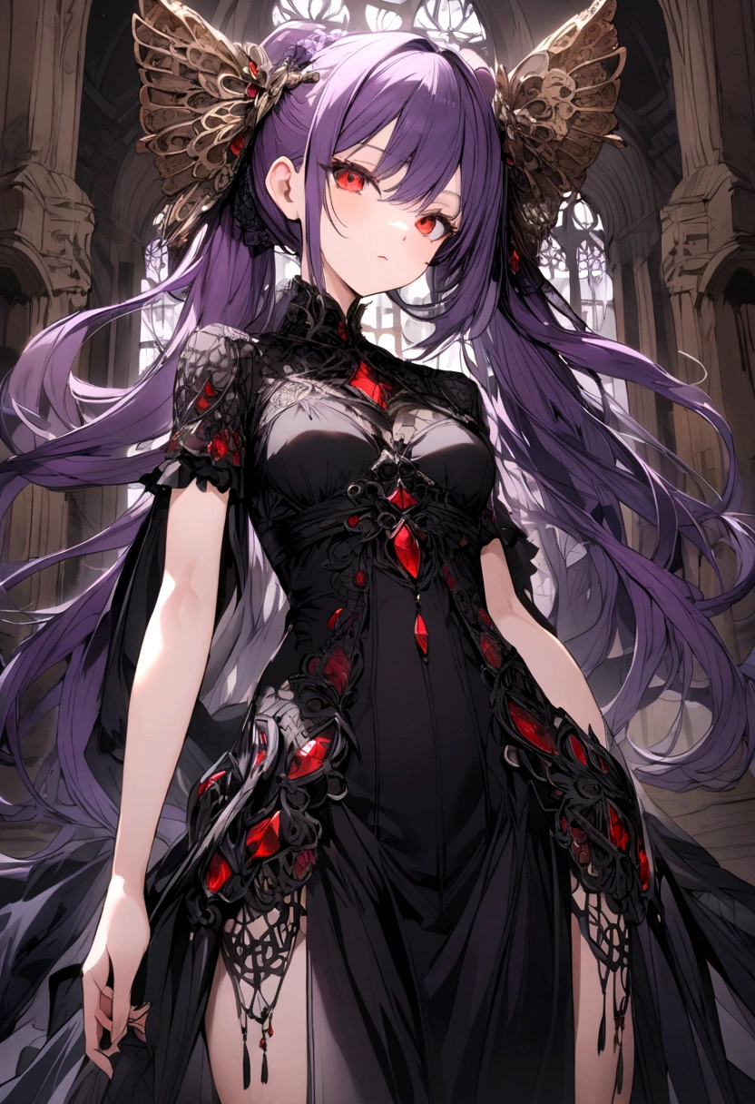 purple haired girl, waist length ponytail, red eyes, wearing black dress like model,